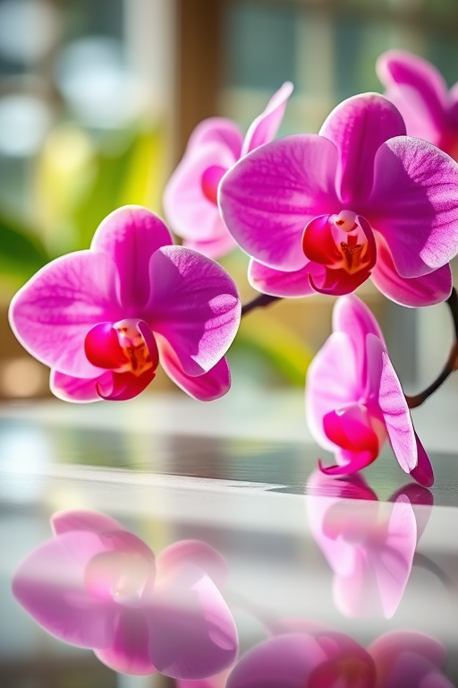 Capture a high-resolution image of vibrant pink orchids with soft natural lighting, using a DSLR camera at f/2.8 aperture, 50mm lens, ISO 100, in a macro perspective to emphasize details and reflections on a smooth surface.