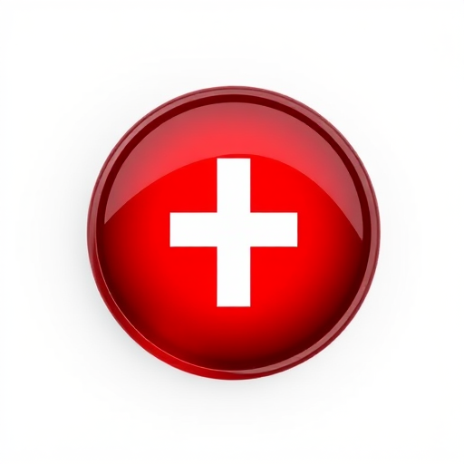 Create a high-resolution circular icon with a glossy red background and a white cross in the center, using a 50mm lens, f/2.8 aperture, ISO 100, and soft diffused lighting to enhance the glossy effect.