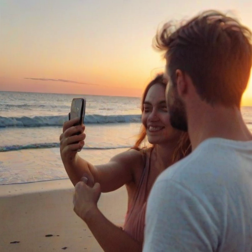 Blurry candid shot of a couple taking a selfie during a sunset at the beach, soft light reflecting on the water and a beautiful sunset creating a romantic backdrop.