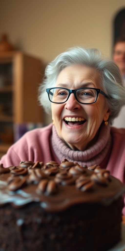 A joyful elderly woman with glasses smiling at a chocolate cake, warm indoor lighting, 50mm lens, f/1.8 aperture, ISO 200, shallow depth of field, Canon DSLR, natural light photography.