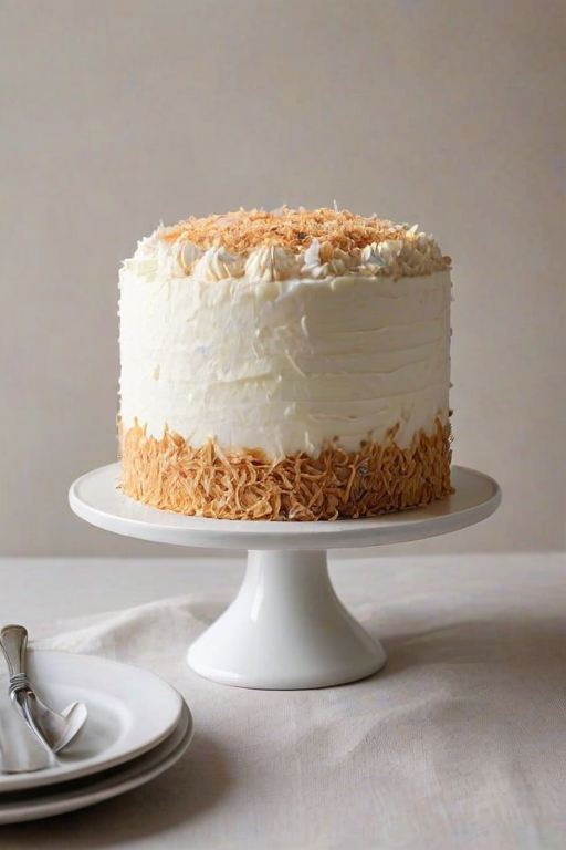 Create an image of a tall, round cake with a textured exterior made of toasted coconut flakes. The cake is frosted with smooth white icing on top and has a clean, elegant presentation on a simple white cake stand. The background is neutral and minimalistic to highlight the cake.