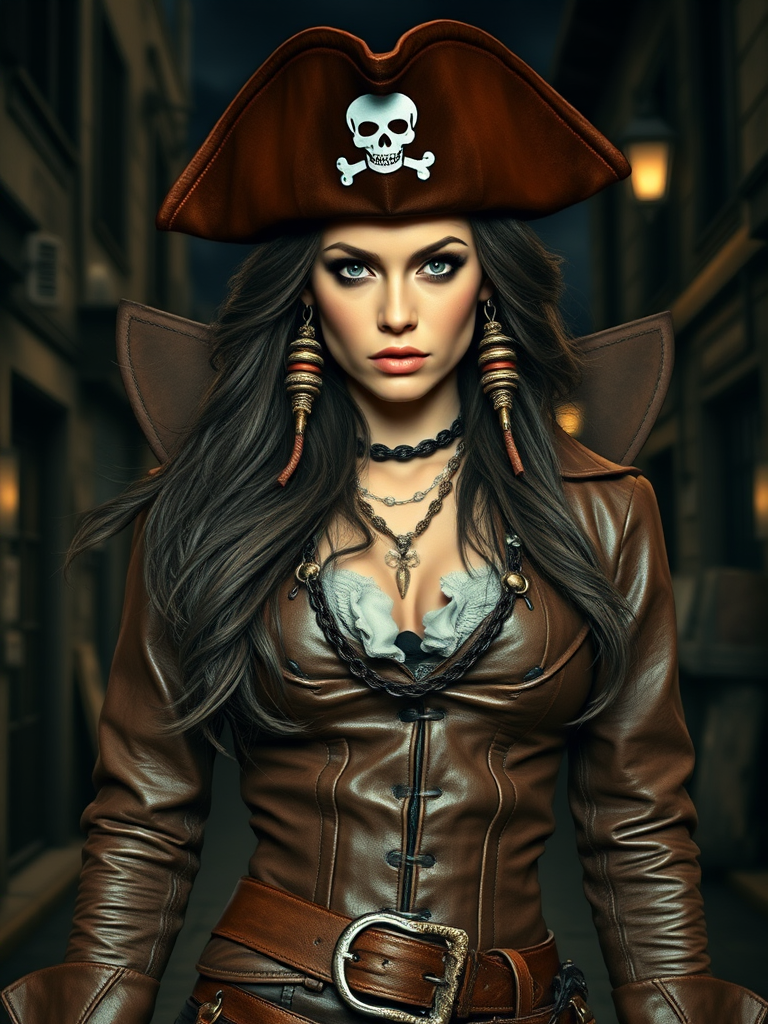 Create a portrait of a fierce female pirate. She wears a leather tricorn hat adorned with a skull and crossbones emblem, and her long, dark hair flows around her face. Her outfit consists of a richly detailed leather jacket, a corset, and multiple layers of belts and accessories, giving her a formidable and stylish appearance. She stands confidently in a dimly lit, historic port town, with a backdrop of weathered buildings and cobblestone streets, capturing the adventurous spirit of a pirate.