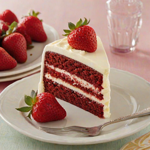 Create an image of a slice of red velvet cake on a decorative plate. The cake should have layers of cream cheese frosting and be topped with fresh strawberries. The background should be light and airy, enhancing the cake's vibrant colors.