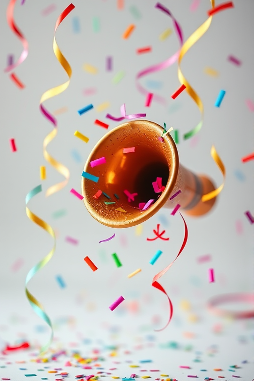 regenerate a festive party horn with colorful confetti and streamers, using a Canon EOS R5 camera, 50mm lens, f/1.8 aperture, ISO 100, under soft natural lighting, vibrant colors, and high-resolution detail, in a bright studio setting