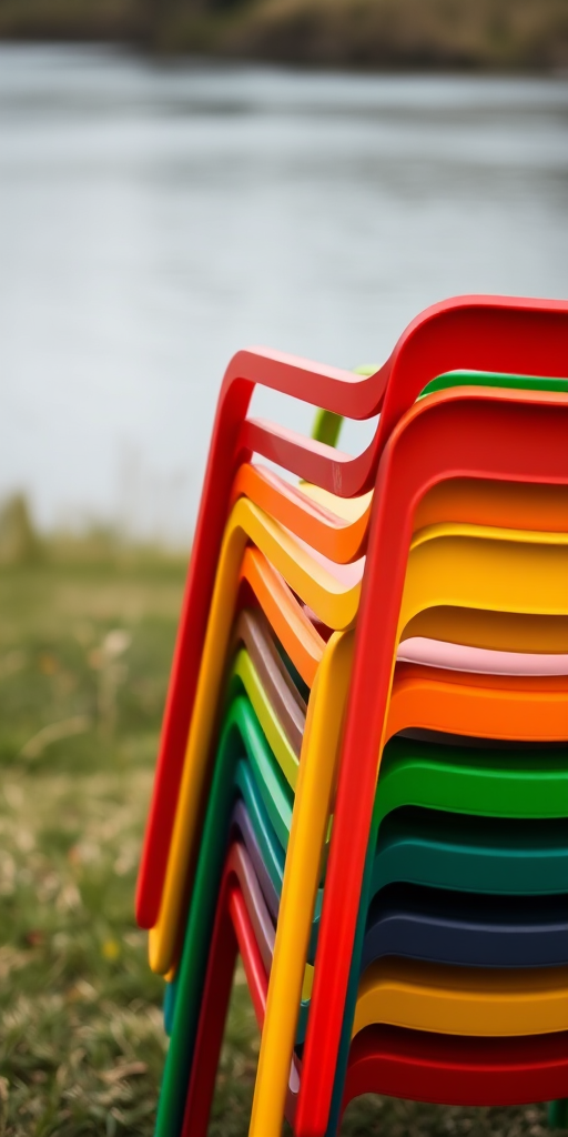 colorful stacked chairs in vibrant red, yellow, green against a blurred background of grass and water, shallow depth of field, 50mm lens, f/2.8 aperture, ISO 100, natural lighting, DSLR camera
