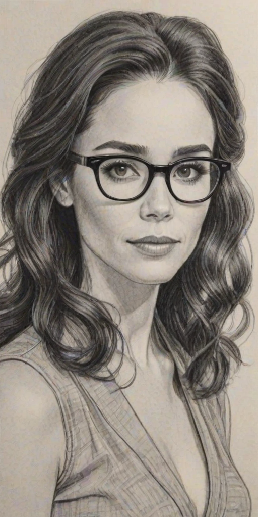 Appealing Abigail Spencer, pencil sketch, portrait of Bewitching woman 1959s in glasses, hair style beatnik, outline, clear lines, fine lines, 8k