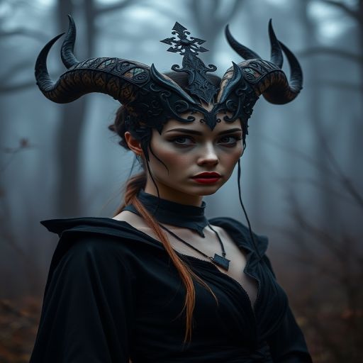 Create a dramatic portrait of a female figure with intricate horned headpiece and dark attire, set in a misty forest background, using a 85mm lens, aperture f/1.8, ISO 100, at twilight for enhanced depth of field and vibrant colors.