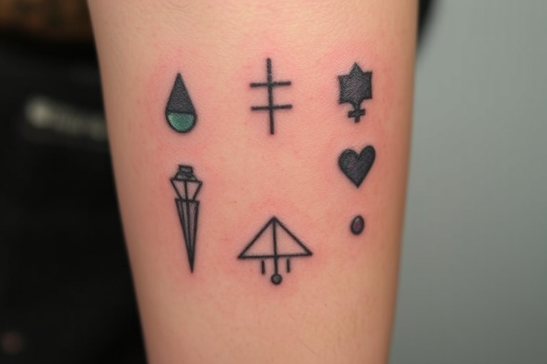Stick and poke tattoo called "Primitive Whispers" featuring simple yet meaningful symbols and patterns created entirely with hand-poked dots, embracing imperfections for a raw, organic aesthetic