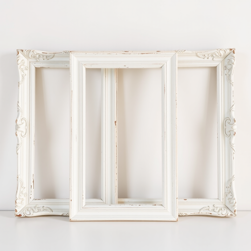 Create an image of three vintage white picture frames arranged in a row against a light-colored background, using a DSLR camera with a 50mm lens, aperture f/2.8, ISO 100, shot from eye level, in natural light to enhance the image quality.