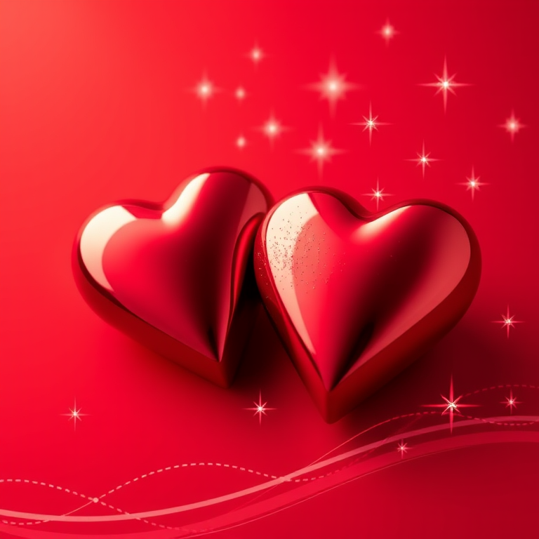 Generate a vibrant red background with two glossy hearts, adorned with sparkling stars and a wave-like pattern, using a full-frame DSLR camera at f/2.8 aperture, ISO 100, 1/60 sec shutter speed, shot in macro mode to enhance detail and texture.