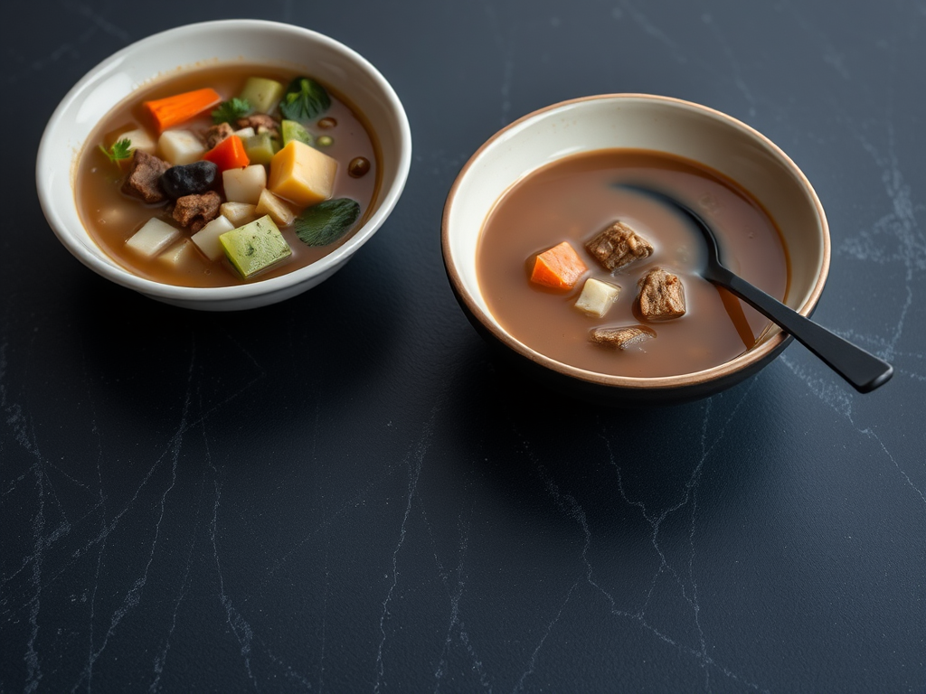 Capture a high-resolution image of two bowls of soup with vegetables and meat, one in a light-colored bowl and the other in a dark bowl, placed on a dark textured surface, with natural soft lighting, shallow depth of field, using a Canon EOS R5, 50mm lens, f/1.8, ISO 100, 1/125 sec, top-down view.