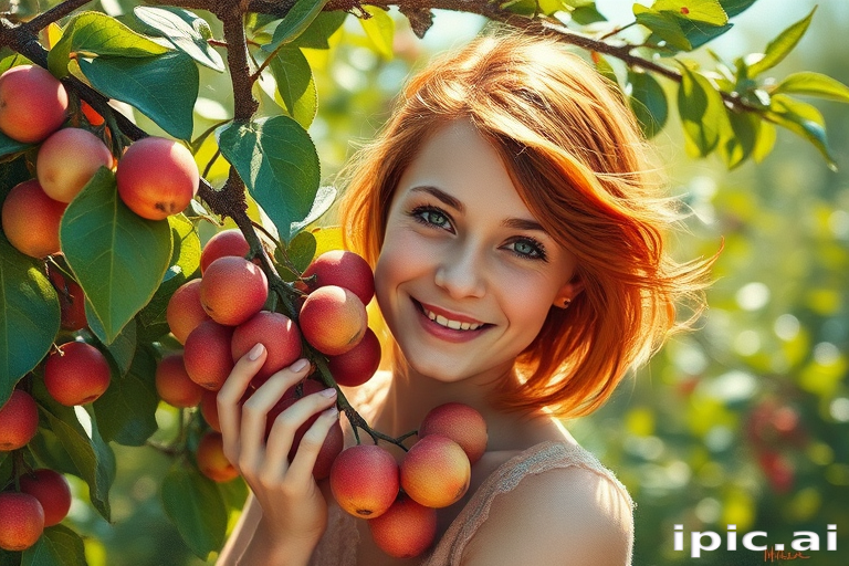 Dipinto ad olio impressionista. Un frutteto in un luminoso giorno d'estate. Primo piano di una ragazza sorridente di circa 14 anni lentigginosa e con i capelli rossi che guarda la fotocamera. Sta mettendo in un cestino di vimini le pesche che sta raccogliendo da un albero di pesche.