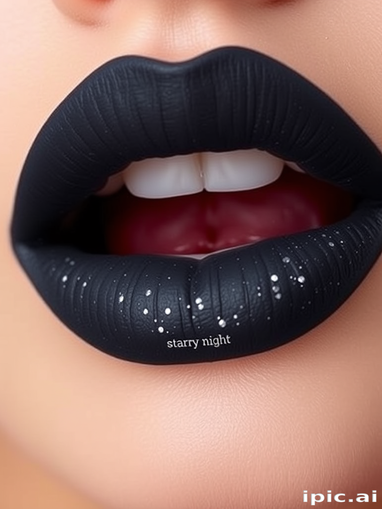 Matte charcoal grey lips with silver micro-glitter, titled "Starry Night," provide an edgy, dramatic look with a comfortable, long-lasting formula