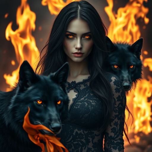 A woman with long dark hair, wearing a black lace dress that seamlessly blends into her skin with intricate floral patterns. She is in the foreground, with a black wolf beside her; its fur is midnight black, and it has glowing, intense, orange eyes that match hers. Her eyes are partially closed with burning embers above them, giving a fiery and mystical aura. The background is engulfed in tall, roaring flames, contributing to an overall dark and supernatural atmosphere. The colors are intense, predominantly black, fiery orange, and deep reds, with sharp contrast highlighting the mysterious and fierce theme. The flames are bright and dynamic, casting dramatic light and shadow, illuminating the woman and wolf while leaving parts in near darkness. The image evokes a sense of otherworldly power and connection between the woman and the wolf.