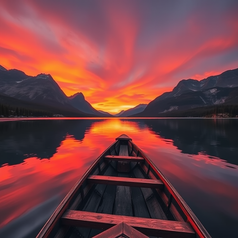 A serene lake at sunset with a wooden boat in the foreground, reflecting vibrant colors in the water, surrounded by majestic mountains and lush trees; camera settings: f/8, ISO 100, 1/125s; camera view: wide-angle; camera style: landscape photography; camera type: DSLR.