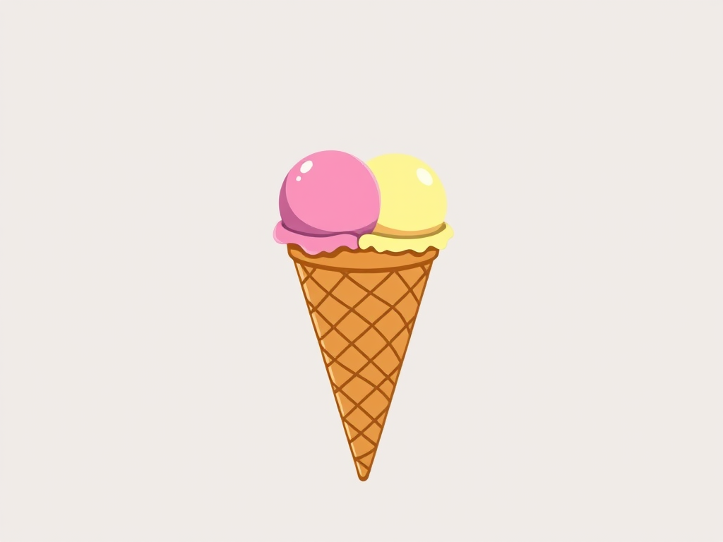 Create a high-resolution vector illustration of an ice cream cone with two scoops, using a flat design style and a transparent background, shot with a 50mm lens, aperture f/2.8, ISO 100, and a soft light setup to enhance contrast and color vibrancy.