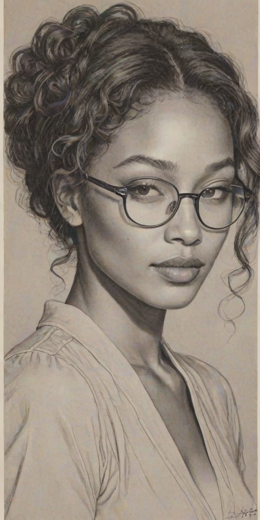 Wonderful Kylie Bunbury, pencil sketch, portrait of Charming woman 1931s in glasses, hair style beatnik, outline, clear lines, fine lines, 8k