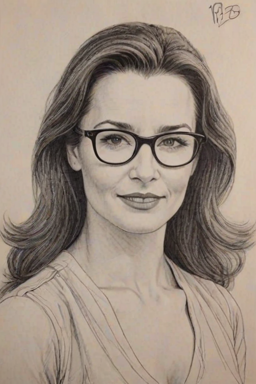 Attractive Kristin Davis, pencil sketch, portrait of Gorgeous woman 1980s in glasses, hair style beatnik, outline, clear lines, fine lines, 8k