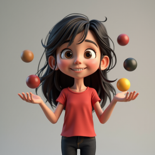 A 3D animated 6-year-old girl with long messy dark hair, joyfully She is juggling balls with her hand. , wearing a red t-shirt and black jeans, set against a gray background.
