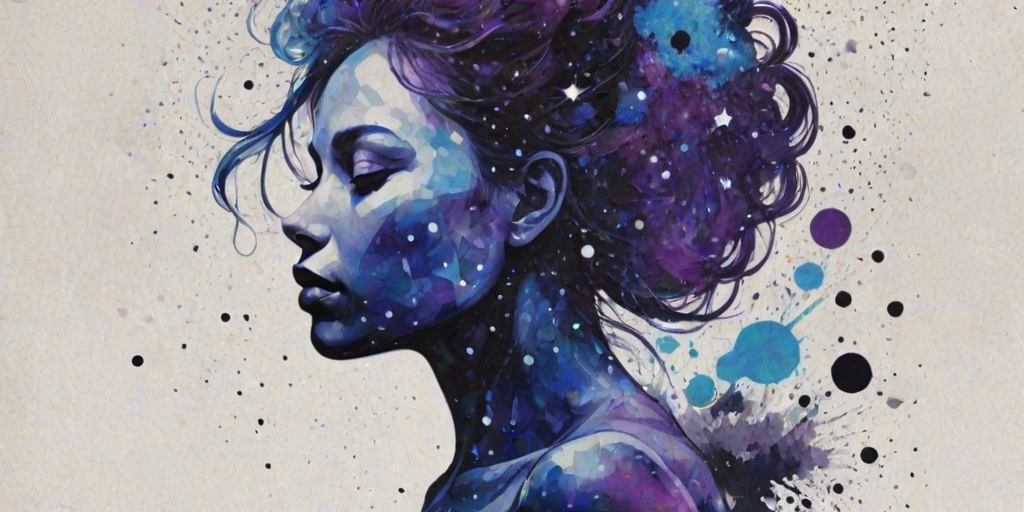 Captivating conceptual render alcohol ink art, double exposure, the paint strokes artfully merge combining a woman's full silhouette with a Lazy panda's silhouette. The figures are composed of a series of colored dots, lines & spots that evoke the image of a cosmic galaxy, colors are deep shades of blue purple & black with flashes of white & silver representing distant stars. The woman's silhouette is formed within the lion's silhouette from constellations of scattered stars, surreal