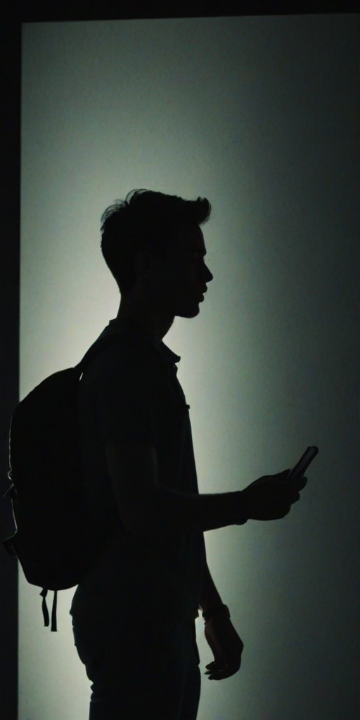 generate a silhouette of a person standing in front of a backlit display in a dimly lit environment, holding a phone and wearing a backpack, with a focus on shadows and ambient light
