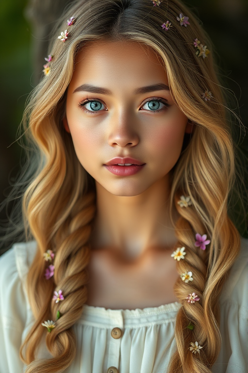 Create an image of a young Malay woman with long, wavy blonde hair, adorned with small, colorful flowers woven into her braids and loose strands. Her complexion is fair, with soft, glowing skin, and she has light blue eyes that gaze softly at the viewer. She wears a light, flowing dress with a gentle, ethereal quality, complementing her delicate and serene appearance. The background is slightly blurred, drawing focus to her tranquil expression and the intricate details of the flowers in her hair. The overall mood of the image is one of natural beauty and grace, evoking a sense of peacefulness and connection with nature.