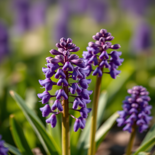 Generate a high-resolution image of two clusters of vibrant purple grape hyacinths with a shallow depth of field, taken with a Canon EOS R5 at f/2.8, 50mm lens, ISO 100, in natural light.