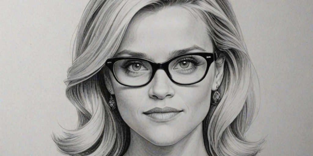 Exquisite Reese Witherspoon, pencil sketch, portrait of Elegant woman 1954s in glasses, hair style beatnik, outline, clear lines, fine lines, 8k