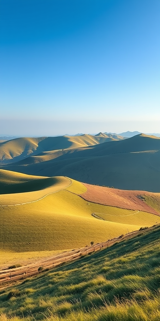 Generate an image of a peaceful natural landscape featuring rolling hills and a clear blue sky, captured with a Canon EOS R5, 24mm lens, aperture f/8, ISO 100, and a shutter speed of 1/125s, in vibrant colors with sharp details and a wide-angle view.