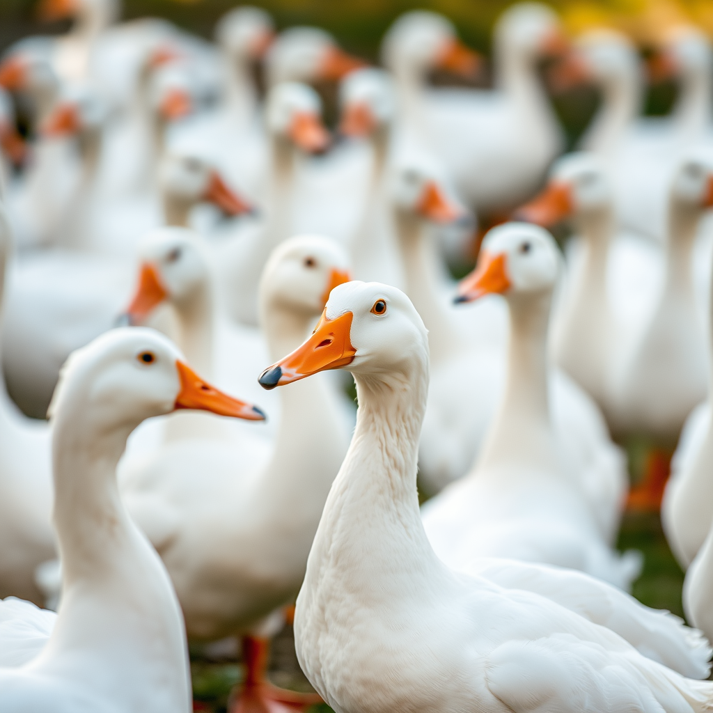 Capture a lively scene of white ducks gathered together in a natural setting, with soft focus on the foreground, using a Canon EOS 5D Mark IV, 50mm lens, aperture f/2.8, ISO 200, natural lighting, and a slight bokeh effect to enhance depth.