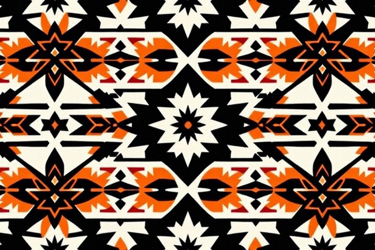 Create a high-resolution repeating pattern of tribal geometric designs with alternating black, white, and orange colors, using a DSLR camera type, 50mm lens, f/8 aperture, ISO 100, natural lighting, and a top-down view to enhance overall clarity and detail.