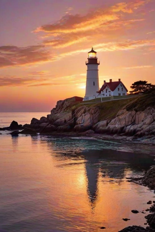 Generate an image of a tall lighthouse perched on a rocky outcrop surrounded by calm ocean waters during a breathtaking sunset. The lighthouse stands sturdy and weathered, its stone surface illuminated by the warm golden light of the setting sun. The sun's rays pass directly through the glass lantern room at the top of the lighthouse, casting a brilliant light across the scene. The sky is painted with vibrant shades of orange, pink, and purple, reflecting off the tranquil sea. The surrounding water shimmers with the same warm hues, creating a serene and majestic atmosphere.