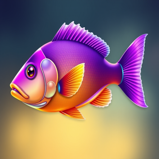 Create a vibrant, high-resolution illustration of a stylized fish with purple and yellow colors, digital art style, shot from a side view with soft lighting, using a digital tablet at 300 DPI.