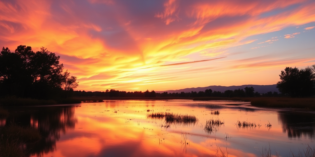 Create a high-resolution image of a serene landscape at sunset, capturing vibrant colors in the sky, with a wide-angle view using a DSLR camera at f/8, ISO 100, and a shutter speed of 1/200 seconds for optimal clarity and depth.