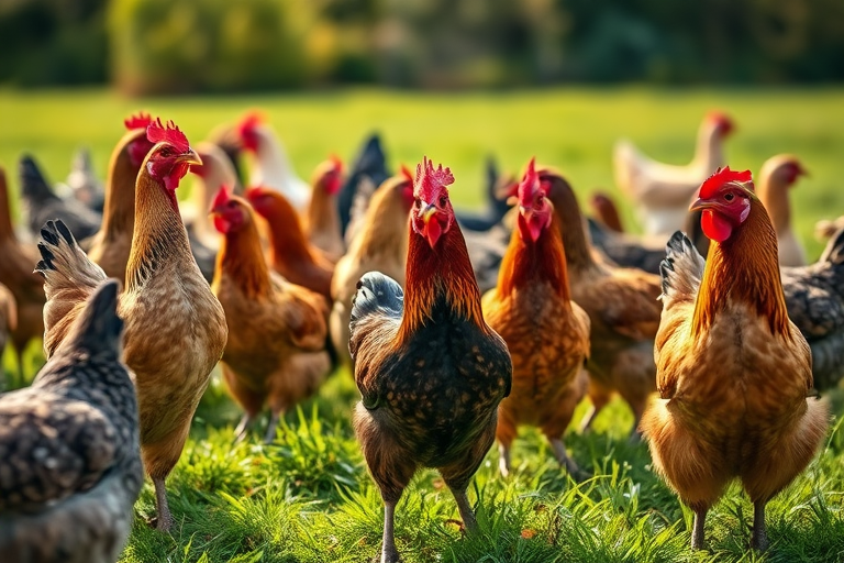 A vibrant outdoor scene featuring a diverse group of chickens in a green field under soft natural light, taken with a Canon EOS R5, 50mm lens, aperture f/2.8, ISO 200, shutter speed 1/250s, with a slightly blurred background for depth.