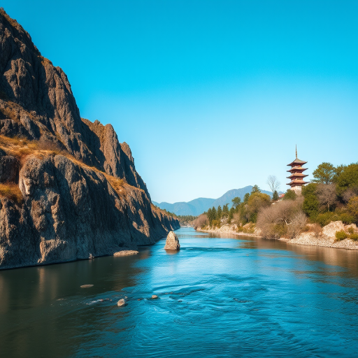 Capture a tranquil riverside landscape featuring steep rocky outcrops and a distant pagoda under clear blue skies, using a DSLR camera, aperture f/8, ISO 200, shutter speed 1/250 sec, focal length 24mm, with a wide-angle view to enhance depth and detail.