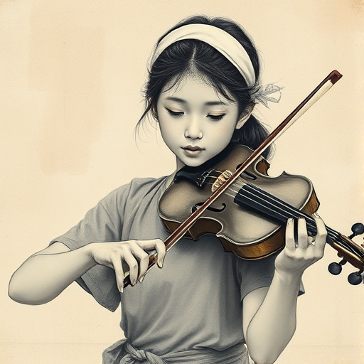 a young Ryukyuan woman with a white headband playing a violin, in the style of a charcoal drawing, sepia grunge background