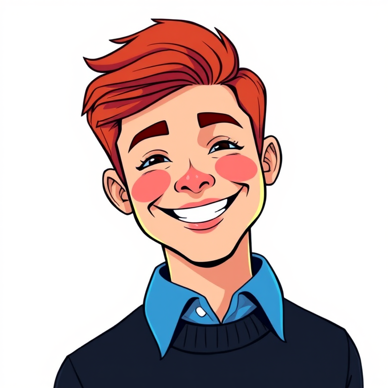 Create a vector illustration of a smiling person with red hair, a blue collar shirt, and a black sweater, using high-resolution digital art techniques, with an emphasis on clean lines and vibrant colors, in a flat style.