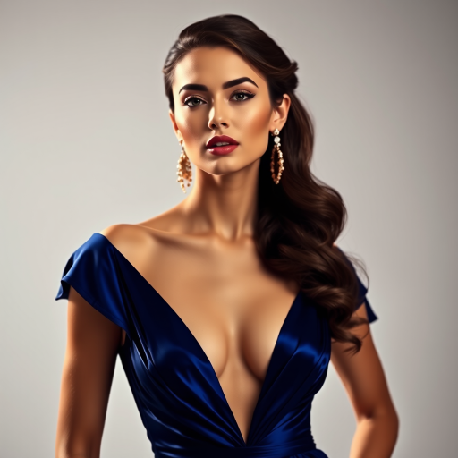 Studio portrait, female model, elegant couture dress, bold makeup, dramatic lighting, Utilize a 50mm portrait lens for crisp details and a soft background blur, 8k