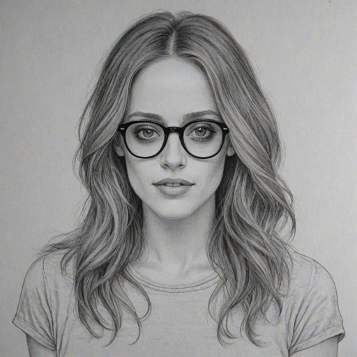 Pleasing Carly Chaikin, pencil sketch, portrait of Splendid woman 1973s in glasses, hair style beatnik, outline, clear lines, fine lines, 8k