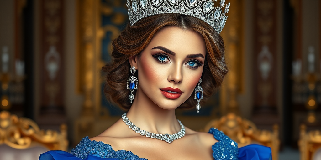 A gorgeous woman in a luxurious blue gown, accessorized with a dazzling tiara and statement earrings, her deep blue eyes highlighted by impeccable makeup, poised in a royal setting, photorealistic, 8K quality