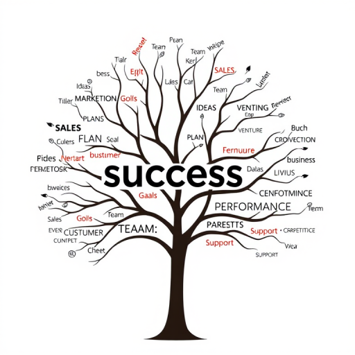 Create an image of a stylized tree diagram with the words "Success," "Sales," "Team," "Plan," "Goals," "Ideas," "Innovation," "Venture," "Customer," "Business," "Marketing," "Competition," "Performance," "Support," and "Strategy" integrated into the branches, using a high resolution of 300 DPI, with a focus on a clean white background and a vector art style, captured with a Canon EOS R5, 50mm lens, f/8 aperture, and natural lighting to enhance clarity and contrast.