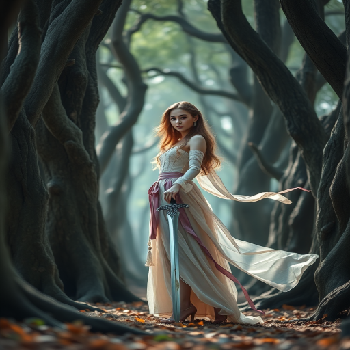 Create a fantasy scene featuring a woman standing amidst ancient trees, wearing an elegant outfit with flowing ribbons and holding a mystical sword, capture the image with a Canon EOS R5, 50mm lens, f/1.8 aperture, ISO 100, at a low angle to highlight her figure, using soft lighting for a dreamlike effect.