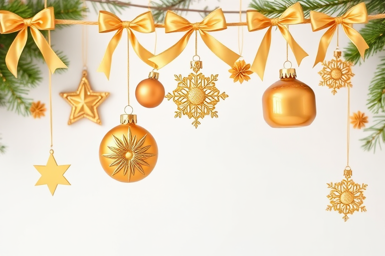 Create a high-resolution image of golden Christmas ornaments including stars, flowers, and snowflakes hanging from a string with bows against a white background, using a DSLR camera with f/2.8 aperture, ISO 100, 50mm lens, and a balanced natural light setup.