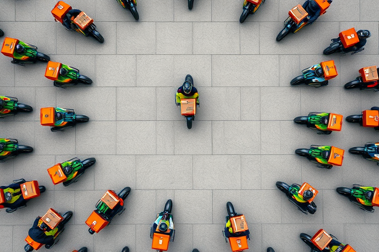 Create a seamless circular pattern of delivery riders on scooters, each rider holding a box, vibrant colors, high resolution, 50mm lens, f/8 aperture, 1/125 sec shutter speed, shot from above, using a DSLR camera.