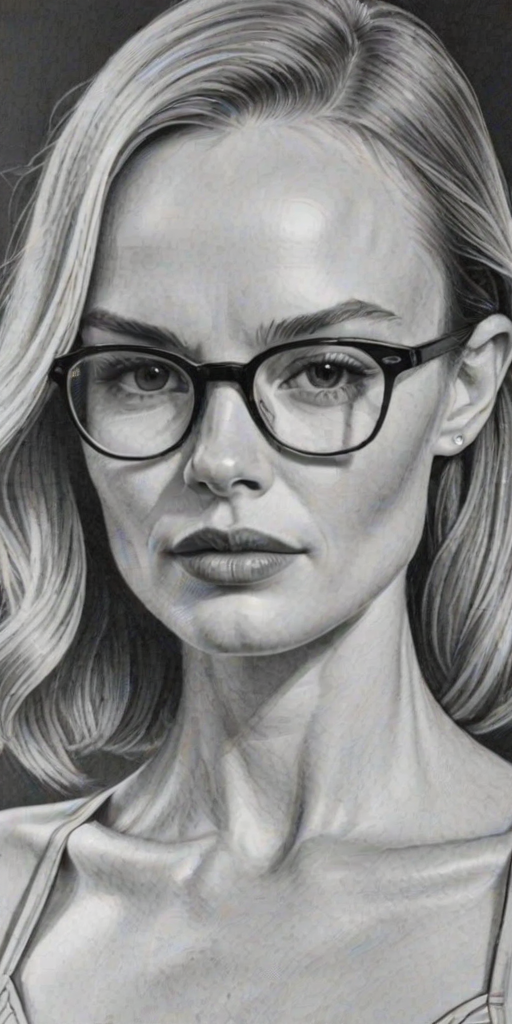 Radiant Kate Bosworth, pencil sketch, portrait of Attractive woman 1937s in glasses, hair style beatnik, outline, clear lines, fine lines, 8k