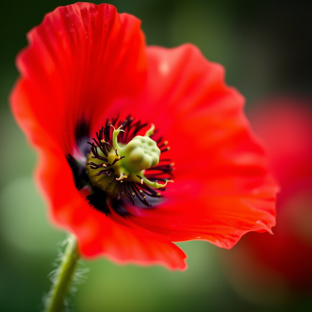 macro photograph of a vibrant red poppy flower with a focus on the seed pod in the center, using a 100mm f/2.8 macro lens, aperture set to f/4, ISO 100, shutter speed 1/200s, natural daylight, shallow depth of field, soft bokeh background.