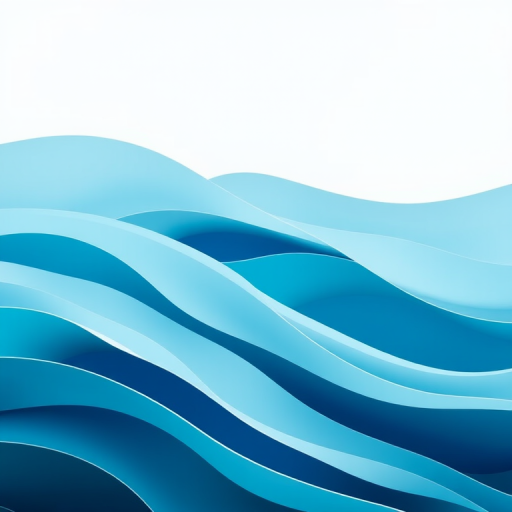 Generate an abstract image of layered waves in varying shades of blue and teal, featuring smooth curves and gradients, using a mirrorless camera with a 50mm lens, aperture set to f/2.8, ISO 100, and shot at a distance of 1 meter from the subject, in natural light.