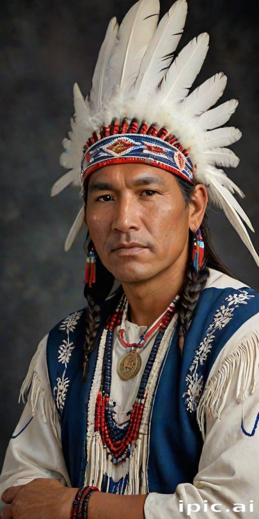 Create a dignified portrait of a Native American man dressed in traditional attire. He wears a beautifully crafted headdress adorned with white feathers and red beads, along with a beaded headband featuring intricate patterns. His clothing includes a deep blue, patterned shirt and a traditional chest piece with detailed beadwork. His arms are crossed, displaying leather armbands decorated with feathers. The background is simple and neutral, emphasizing his proud and stoic expression. The overall image captures the rich cultural heritage and strength of his persona.