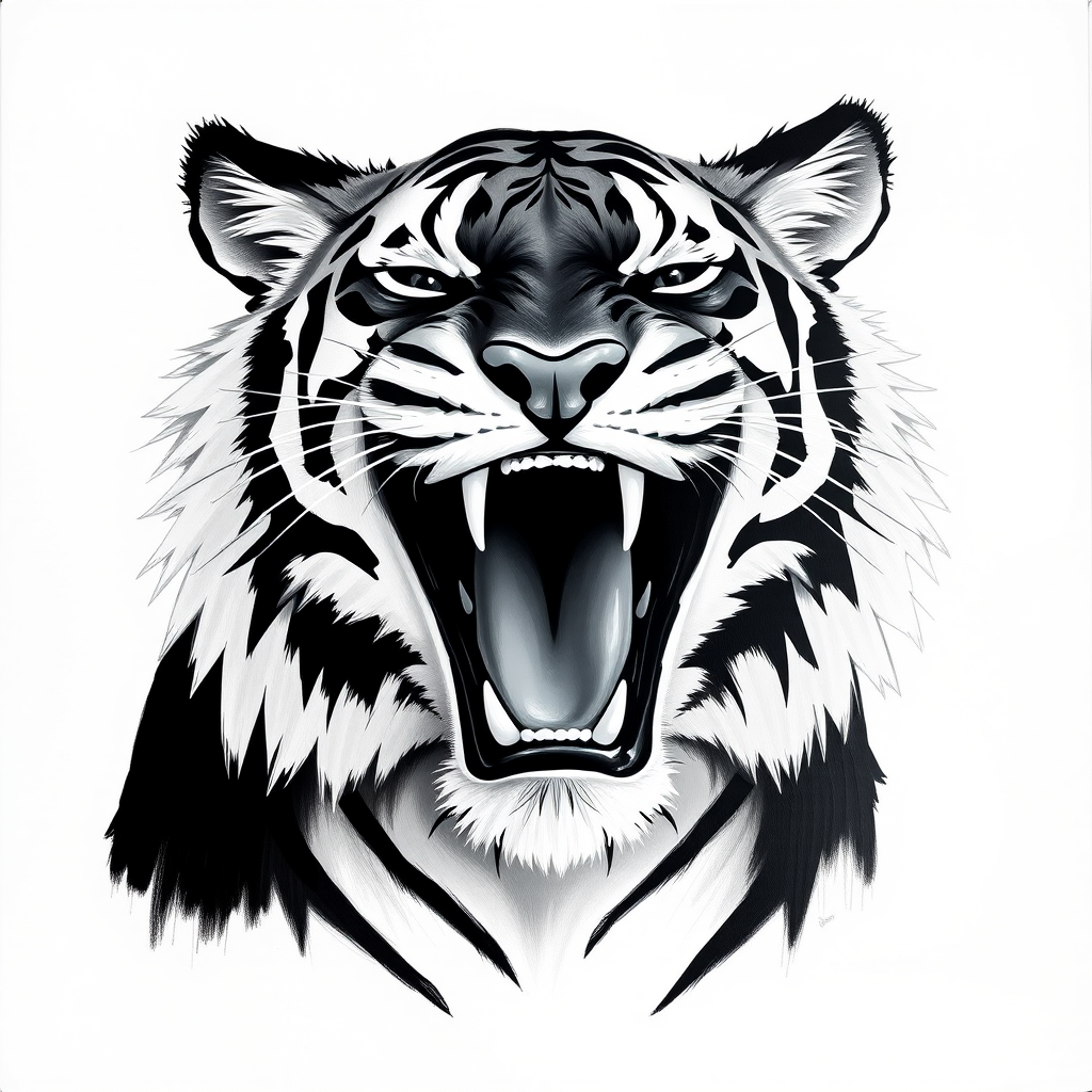 Abstract black and white acrylic portrait of an over exaggerated laughing (tiger). Minimalism style. White background.
